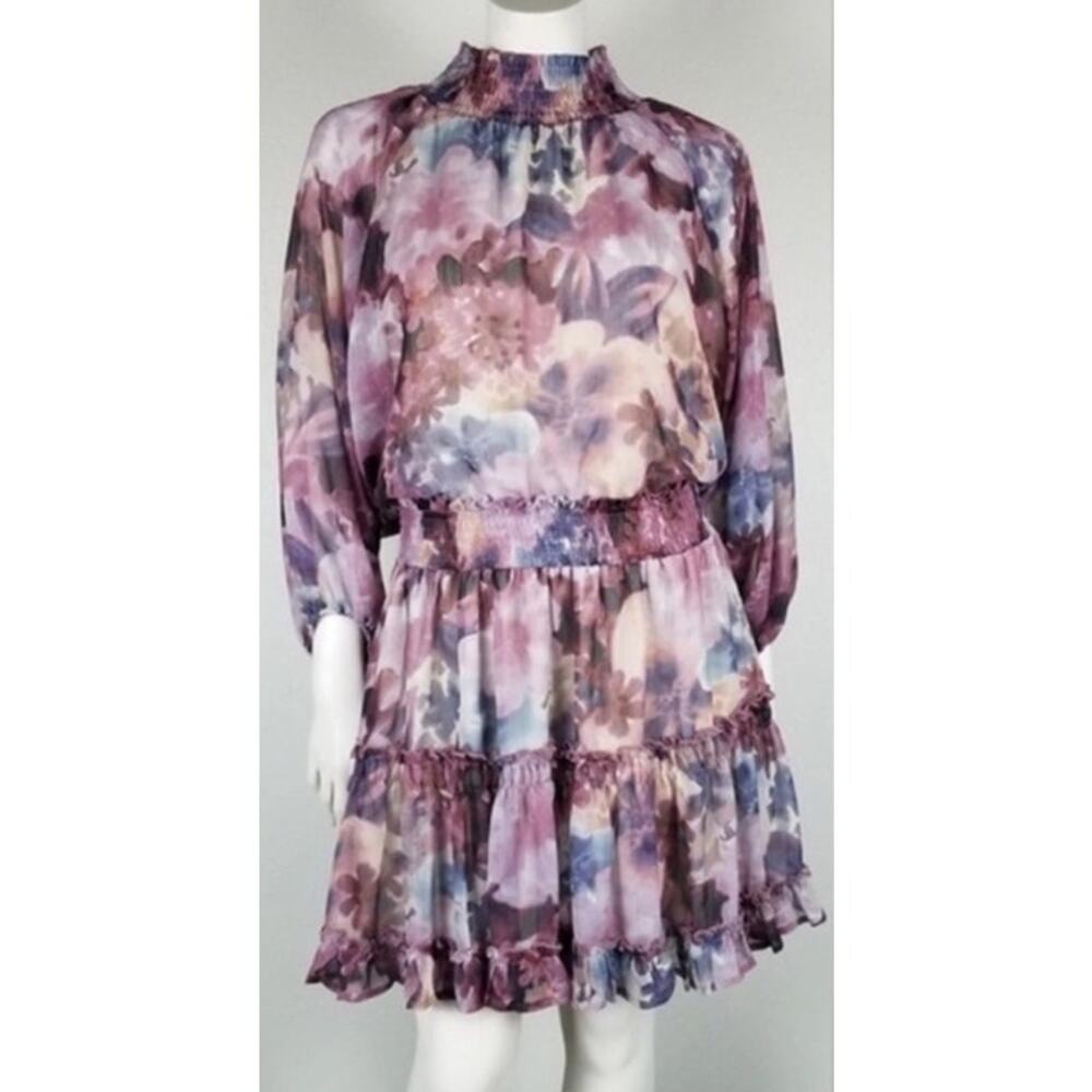 Anthropologie BTFL-Life Floral Puff Sleeve Boho Dress Size Small Smocked Tiered